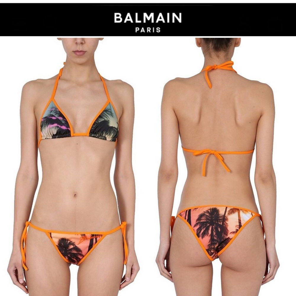 Balmain Sunset Print Bikini Set Palm Tree in Orange Polyamide sz 40 US 8 465$
